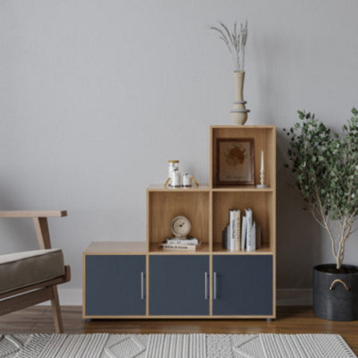 Urbn-Living Urbnliving 91Cm Height 6 Cube Step Oak Storage Bookcase Shelf Unit Grey Wooden Door With Metal Handle - image 1