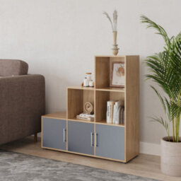 Urbn-Living Urbnliving 91Cm Height 6 Cube Step Oak Storage Bookcase Shelf Unit Grey Wooden Door With Metal Handle - thumbnail 3
