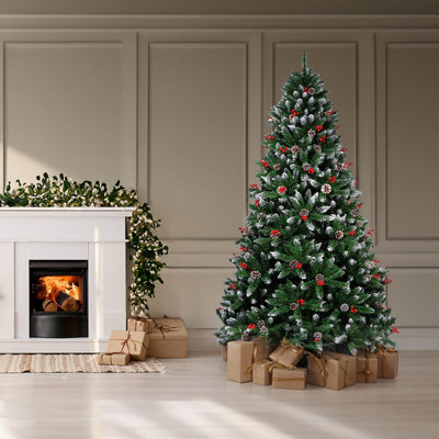 Neo 2.1 M 7 Ft Christmas Xmas Tree Flocked Snowy Effect Fake Pine Cone Red Berries Metal Stand Flocked Tips - image 1