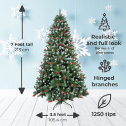 Neo 2.1 M 7 Ft Christmas Xmas Tree Flocked Snowy Effect Fake Pine Cone Red Berries Metal Stand Flocked Tips - thumbnail 2