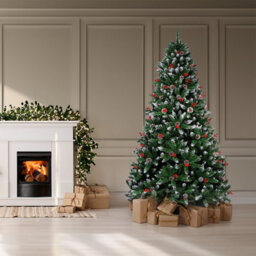 Neo 2.1 M 7 Ft Christmas Xmas Tree Flocked Snowy Effect Fake Pine Cone Red Berries Metal Stand Flocked Tips