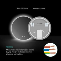 Emke Round Bathroom Mirror With Led Lights, 500mm Wall Mounted Vanity Mirror With Touch, Demister And Memory Dimmable - thumbnail 5