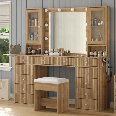 Fusou Fluted Vanity Table With Led Mirror, 12 Drawers, 2 Cabinets, Fold Panel, Glass Top, Oak With Chair - image 1