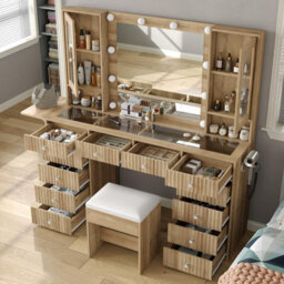 Fusou Fluted Vanity Table With Led Mirror, 12 Drawers, 2 Cabinets, Fold Panel, Glass Top, Oak With Chair - thumbnail 3