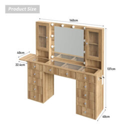Fusou Fluted Vanity Table With Led Mirror, 12 Drawers, 2 Cabinets, Fold Panel, Glass Top, Oak With Chair - thumbnail 2
