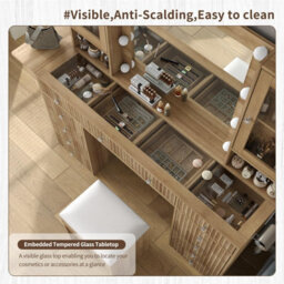 Fusou Fluted Vanity Table With Led Mirror, 12 Drawers, 2 Cabinets, Fold Panel, Glass Top, Oak With Chair - thumbnail 4
