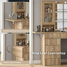 Fusou Fluted Vanity Table With Led Mirror, 12 Drawers, 2 Cabinets, Fold Panel, Glass Top, Oak With Chair - thumbnail 6