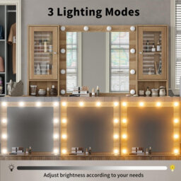 Fusou Fluted Vanity Table With Led Mirror, 12 Drawers, 2 Cabinets, Fold Panel, Glass Top, Oak With Chair - thumbnail 5