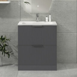 Royal Bathrooms Evora 700mm Graphite Grey Fluted Floor Standing Bathroom Vanity Unit 2 Drawer Cabinet Storage With Stone Basin