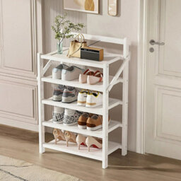 Thehotsale White 5-Tier Foldable Bamboo Freestanding Shoe Rack - thumbnail 2