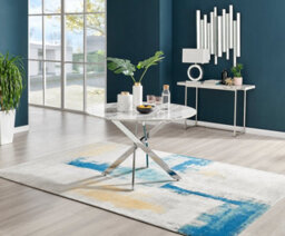 Furniturebox Novara 120Cm 4-6 Seater White Marble Effect Round Wooden Dining Table With Silver Chrome Legs
