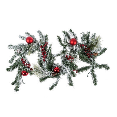 Homescapes Frosted Artificial Christmas Garland With Red Baubles - image 1