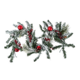 Homescapes Frosted Artificial Christmas Garland With Red Baubles - thumbnail 1
