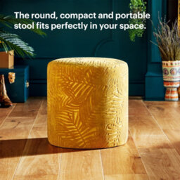 BTFY Beautify Velvet Foot Stool, Mustard Round Footrest, Floral Leaf Pattern, Upholstered Soft Touch Fabric, Padded Lightweight Ottoman - thumbnail 2