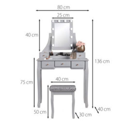 CARME Home Arianna Deluxe Grey Dressing Table With Hollywood Mirror Lights - thumbnail 7
