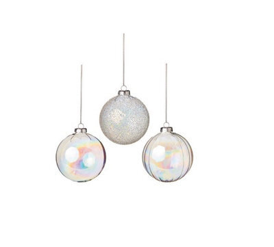Premier Decorations Limited Set Of 3 Clear Baubles With Iridescence Finish Christmas Tree Decorations 80mm