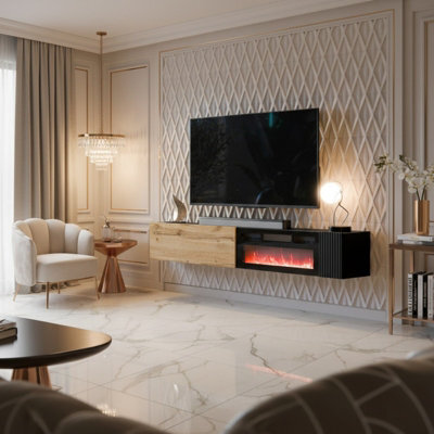 Modern Tv Cabinet Bamali 200X38X30 Cm Electric Fireplace Black And Wotan Color Wall Mounted Unit Heating Function - image 1