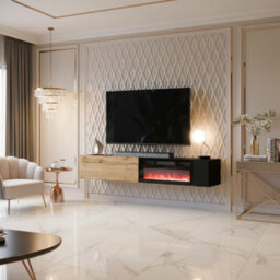 Modern Tv Cabinet Bamali 200X38X30 Cm Electric Fireplace Black And Wotan Color Wall Mounted Unit Heating Function - thumbnail 2