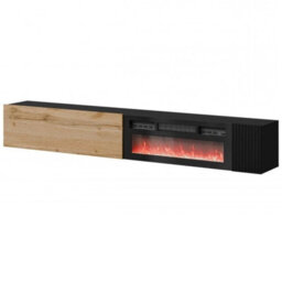 Modern Tv Cabinet Bamali 200X38X30 Cm Electric Fireplace Black And Wotan Color Wall Mounted Unit Heating Function - thumbnail 5
