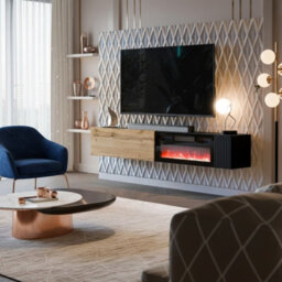Modern Tv Cabinet Bamali 200X38X30 Cm Electric Fireplace Black And Wotan Color Wall Mounted Unit Heating Function - thumbnail 3