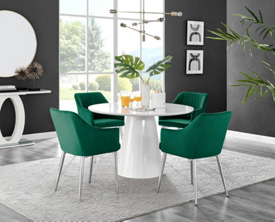 Furniturebox Uk Palma White High Gloss Round Dining Table & 4 Green Calla Silver Leg Chairs - image 1