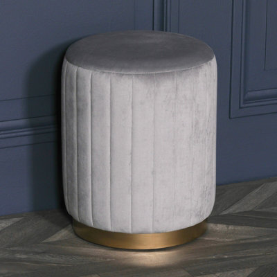 Celina Light Grey Ribbed Velvet Gold Trim Round Pouffe Upholstered Stool - image 1