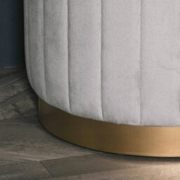 Celina Light Grey Ribbed Velvet Gold Trim Round Pouffe Upholstered Stool - thumbnail 3