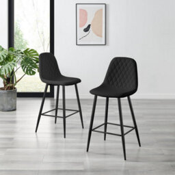 Furniturebox Uk 2X Counter Stools - Corona Black Faux Leather Dining Chair Black Metal Legs - Minimalist Industrial Scandi Style - thumbnail 2