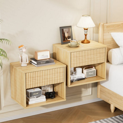 Oak-2Pcs Bedside Table Wall Mounted Nightstand Side Tables Bedroom Small Cabinet - image 1