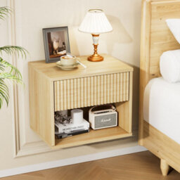 Oak-2Pcs Bedside Table Wall Mounted Nightstand Side Tables Bedroom Small Cabinet - thumbnail 3