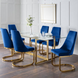 Julian Bowen Pair Of Vittoria Blue Velvet Cantilever Dining Chairs With Gold Metal Base, Height: 75 X Width: 205 X Depth: 86Cm - thumbnail 2