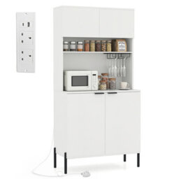 GAINOOM Gaioom Kitchen White Pantry Cabinet 164Cm Kitchen Storage Hutch Freestanding Buffet Sideboard W/ Power Outlets & Wine Racks