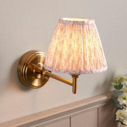 Luminosa Lighting Luminosa Step Fold Brushed Aged Brass Plate Wall Light With Peachy Keen Fabric Leaf Shade 16Cm B22 - thumbnail 2