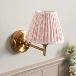 Luminosa Lighting Luminosa Step Fold Brushed Aged Brass Plate Wall Light With Peachy Keen Fabric Leaf Shade 16Cm B22 - thumbnail 3