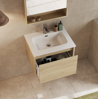 Banyetti Mino 600mm Wall Hung Vanity Unit With Athena Basin - Natural Oak - image 1