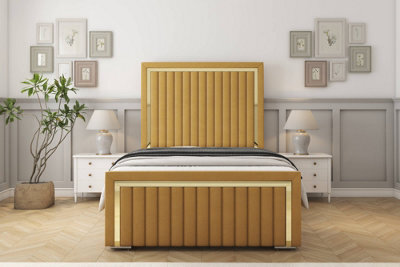 "Sloomy Boston Gold Mustard Plush Bed Frame With Mattress With 50"" Upholstered Headboard 4' Small Double" - image 1