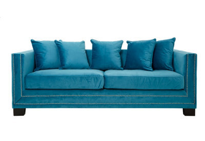 Orsina Functional 3 Seater Cyan Blue Velvet Sofa, Stylish Mid Century Sofa For Bedroom, Comfortable 3 Seater Sofa - image 1