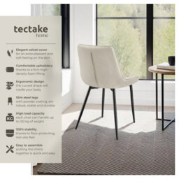 Tectake Set Of 8 Dining Chair Monroe - Padded, Velvet Look, Ergonomic Seat, Black Steel Legs  - Cream - thumbnail 2