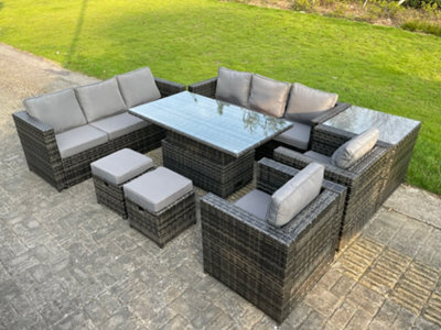 Fimous 10 Seater Outdoor Rattan Garden Furniture Adjustable Rising Lifting Side Tables Small Footstools Dark Grey Mixed - image 1