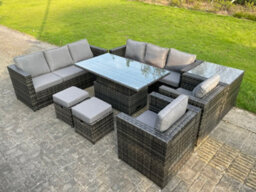 Fimous 10 Seater Outdoor Rattan Garden Furniture Adjustable Rising Lifting Side Tables Small Footstools Dark Grey Mixed - thumbnail 1