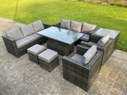 Fimous 10 Seater Outdoor Rattan Garden Furniture Adjustable Rising Lifting Side Tables Small Footstools Dark Grey Mixed - thumbnail 2