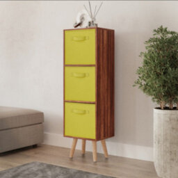 Urbn-Living Urbnliving 80Cm Height 3 Tier Teak Wooden Storage Bookcase Scandinavian Style Beech Legs With Yellow Inserts
