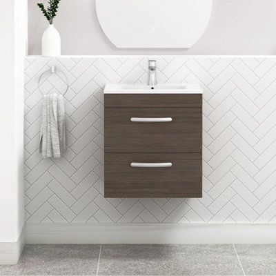Royal Bathrooms Turin Grey Elm 500mm Wall Hung Vanity Unit 2 Drawer With Minimalist Basin Sink - image 1