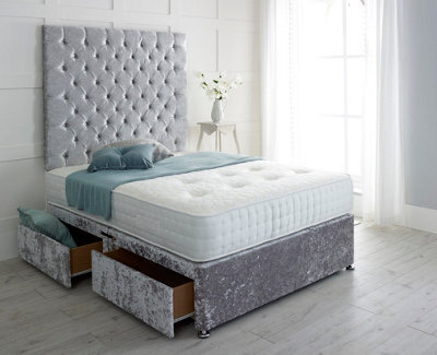 "Adore Designs Chesterfield Crushed Velvet Divan Bed, With Pocket Mattress & 36"" Headboard - 3Ft Single - Silver - 0 Drawers" - image 1