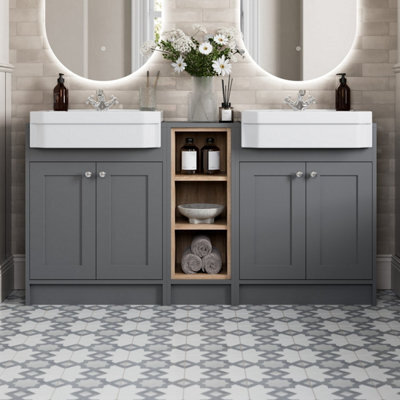 Affine 1540mm Traditional Double Vanity Basin Unit & Shelving Bathroom Furniture Grey - image 1