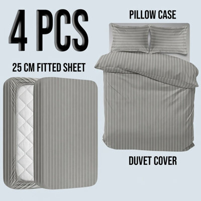Oxford Homeware Silver King Stripe Soft Microfiber Duvet Cover, Fitted Sheet & Pillowcase Set 4 Piece Bedding Set