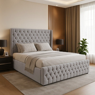 Adore Designs Chesterfield Winged Plush Velvet Sleigh Bed, With Footboard - 4Ft Small Double - Silver - image 1