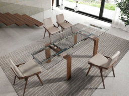 Angel Cerda Modern Rectangular Extending Dining Table With Tempered Glass And Walnut Legs - thumbnail 3