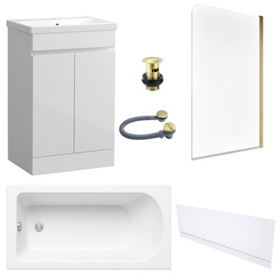 FNX Bathrooms Waterproof 500mm Vanity Unit With Single Ended Bath, Gloss White Front Panel, Brushed Brass Screen, Bath & Slotted Basin Waste - image 1