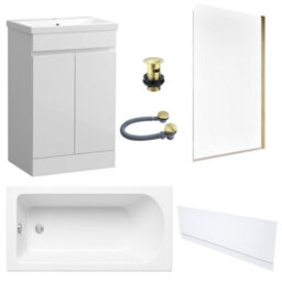 FNX Bathrooms Waterproof 500mm Vanity Unit With Single Ended Bath, Gloss White Front Panel, Brushed Brass Screen, Bath & Slotted Basin Waste - thumbnail 1